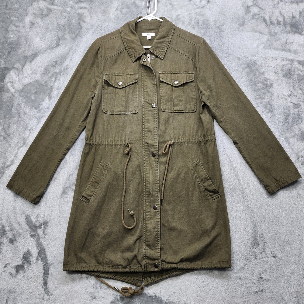 BP Jacket Women S Green Utility Drawstring Waist Long Sleeve Cotton Button Front